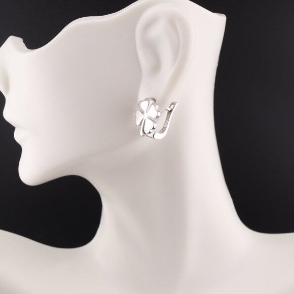 Timeless Jewelry Women's Sterling Silver Four Leaf Clover Huggie Loop Earrings** - Picture 3 of 13